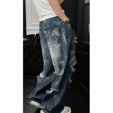 Riolio Mens Loose Fit Straight Leg Jeans Dark Blue Ripped Distressed Trendy Streetwear Fashion Casual Urban Denim Pants Hip Hop Style